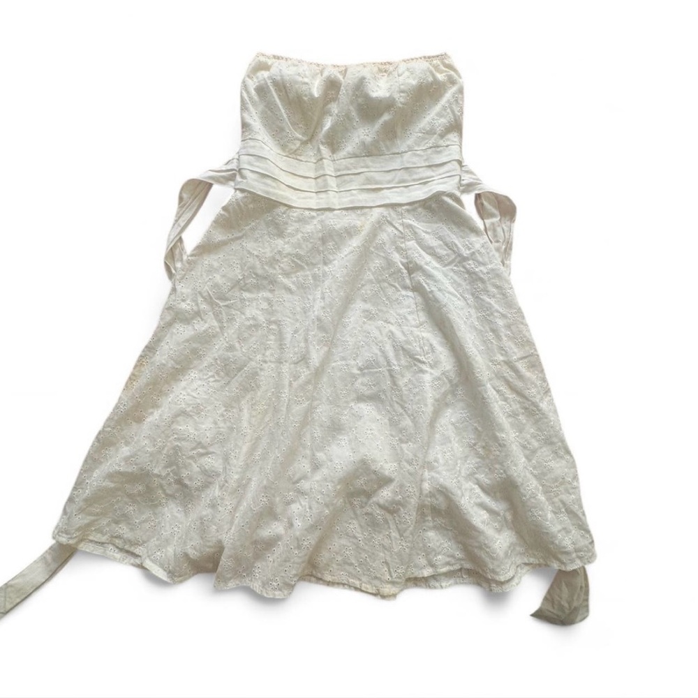 white lace strapless dress with tie in back
